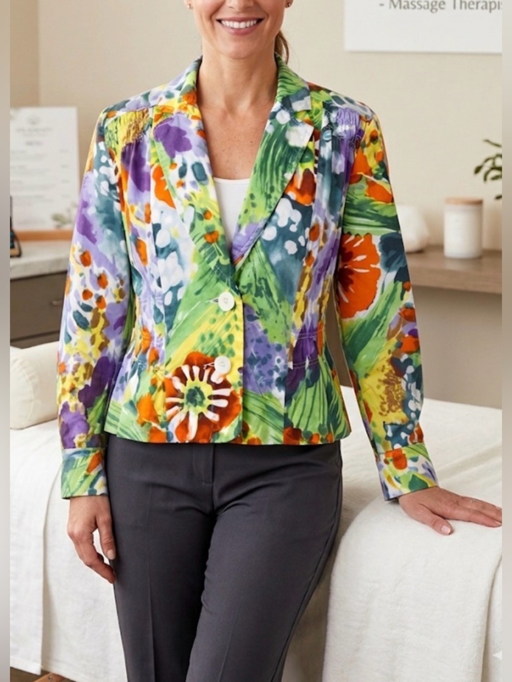 Vintage Toni Morgan Colorful Floral Peplum Blazer Jacket Size Petite Medium